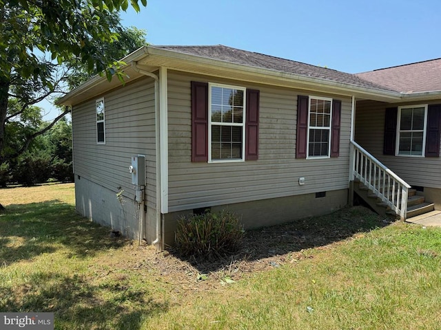 231 Derby Ln, Louisa, VA 23093 - view of property exterior featuring crawl space, a yard, a shingled roof, and entry steps