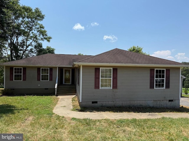 231 Derby Ln, Louisa, VA 23093 - view of front of house featuring crawl space, a front lawn, and a shingled roof