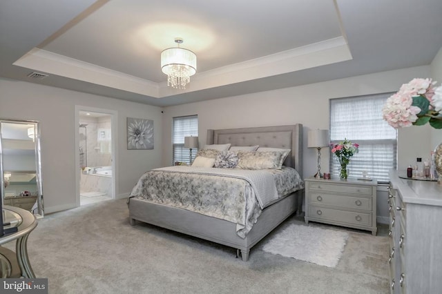 11316 Oakville Ln, Spotsylvania, VA 22551 - bedroom with a tray ceiling, light carpet, a chandelier, baseboards, and crown molding