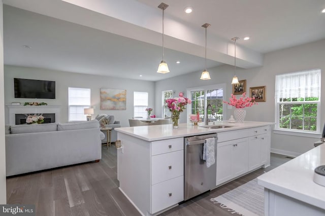 11316 Oakville Ln, Spotsylvania, VA 22551 - kitchen featuring dishwasher, a sink, white cabinetry, dark wood-style floors, and recessed lighting