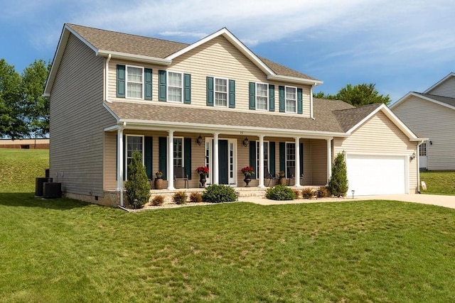 15 Devonshire Ct, Fishersville, VA 22939 - view of front of home with covered porch, driveway, a garage, a front lawn, and a shingled roof