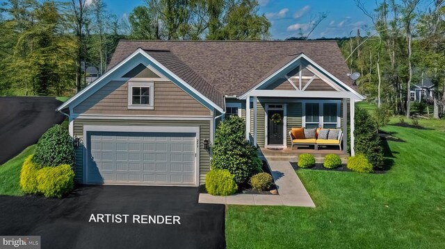 299 Sunset Loop, Mineral, VA 23117 - view of front of property featuring driveway, a front yard, a garage, roof with shingles, and covered porch
