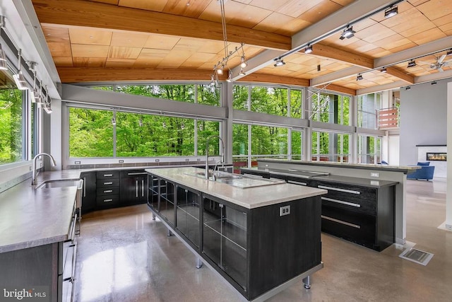 kitchen with wooden ceiling, rail lighting, dark cabinetry, and concrete floors