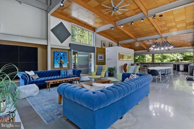 lobby featuring wooden ceiling, beam ceiling, and high vaulted ceiling