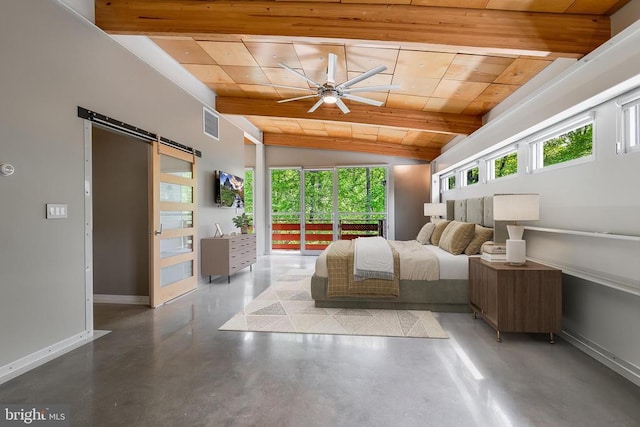 bedroom featuring lofted ceiling, a barn door, wooden ceiling, baseboards, and visible vents