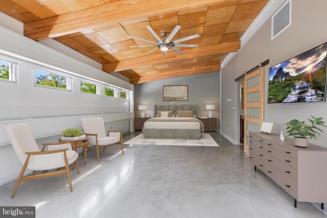 bedroom with a barn door, wood ceiling, lofted ceiling, multiple windows, and finished concrete floors