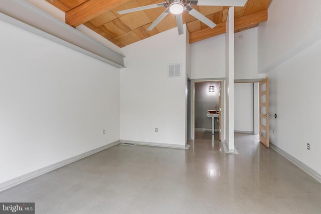 spare room featuring wood ceiling, high vaulted ceiling, beam ceiling, visible vents, and ceiling fan