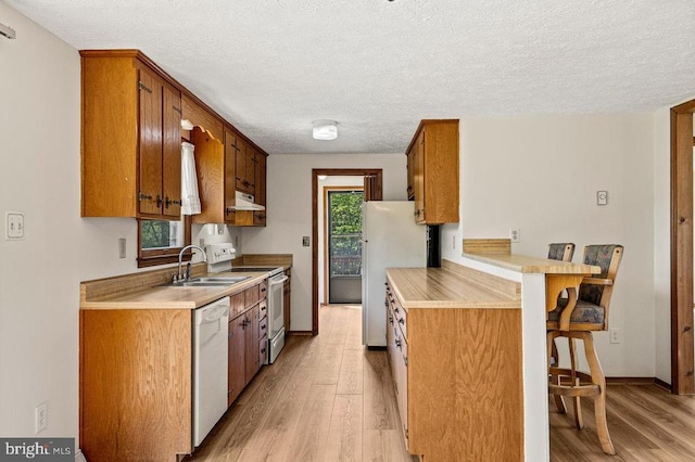 kitchen with white appliances, under cabinet range hood, light wood finished floors, a sink, and a textured ceiling