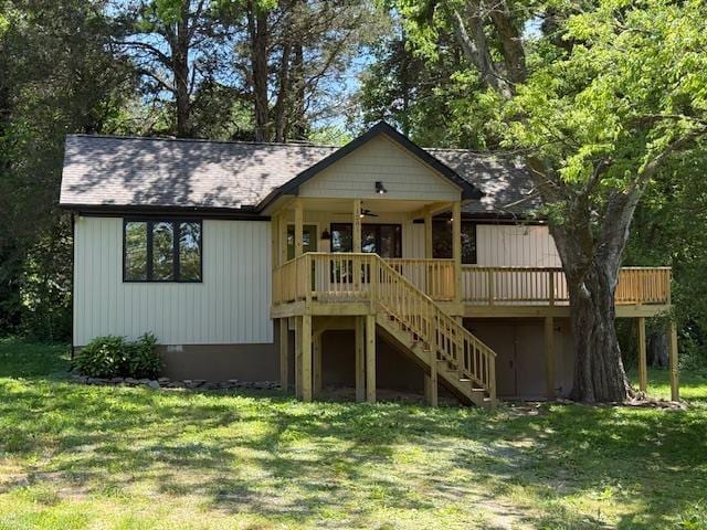 1201 Lakeshore Dr S, Louisa, VA 23093 - view of front of house featuring stairway, ceiling fan, a front lawn, and a wooden deck
