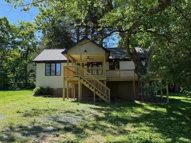 1201 Lakeshore Dr S, Louisa, VA 23093 - back of property featuring ceiling fan, stairs, a lawn, and a wooden deck