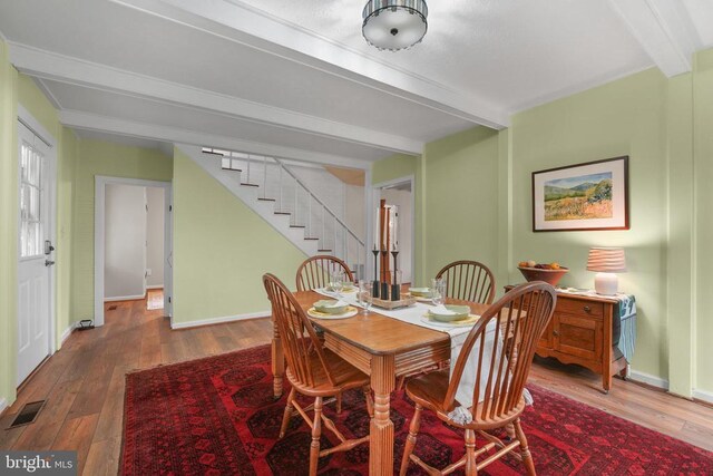 412 Nelmonte Ln, Arrington, VA 22922 - dining area featuring stairs, beam ceiling, wood finished floors, and baseboards