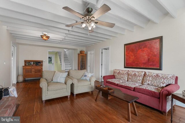 412 Nelmonte Ln, Arrington, VA 22922 - living room with dark wood-style floors, beam ceiling, stairs, and ceiling fan