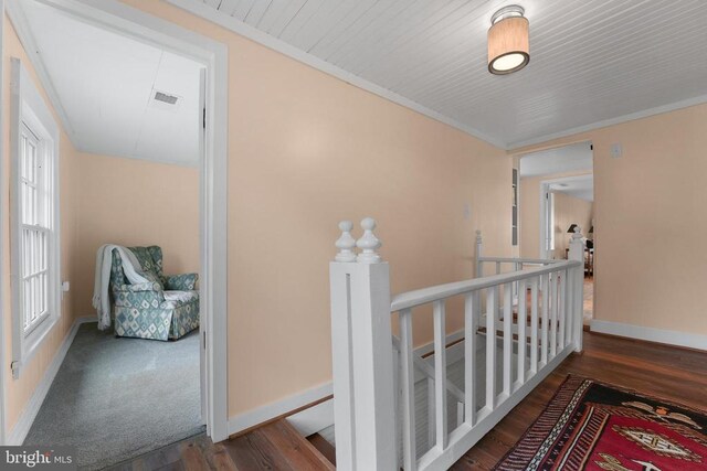 412 Nelmonte Ln, Arrington, VA 22922 - hall with an upstairs landing, baseboards, wood finished floors, and ornamental molding