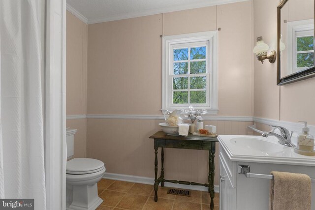 412 Nelmonte Ln, Arrington, VA 22922 - full bathroom with healthy amount of natural light, toilet, vanity, crown molding, and a wainscoted wall