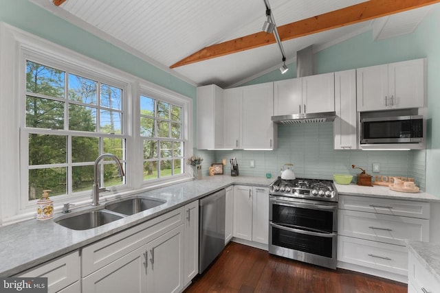 412 Nelmonte Ln, Arrington, VA 22922 - kitchen featuring appliances with stainless steel finishes, a sink, tasteful backsplash, white cabinetry, and dark wood-type flooring