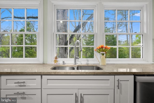 412 Nelmonte Ln, Arrington, VA 22922 - kitchen with a sink, stainless steel dishwasher, stone counters, and white cabinets