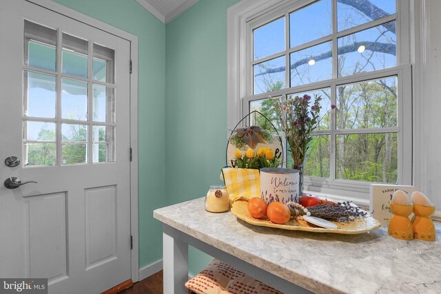 412 Nelmonte Ln, Arrington, VA 22922 - doorway featuring plenty of natural light, crown molding, baseboards, and dark wood-style floors
