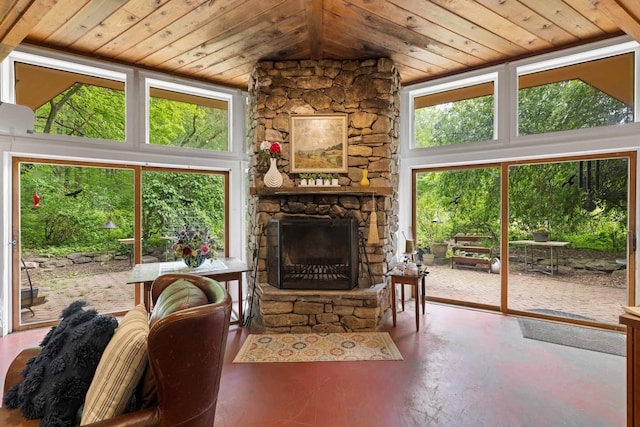 7598 Lee Hwy N, Raphine, VA 24472 - living room featuring lofted ceiling, wooden ceiling, and a stone fireplace
