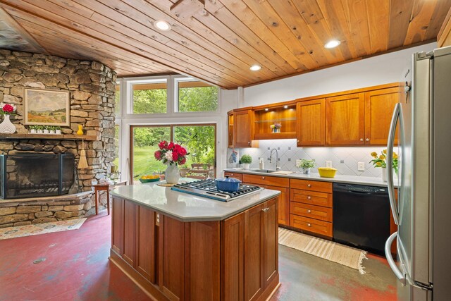 7598 Lee Hwy N, Raphine, VA 24472 - kitchen with stainless steel appliances, a sink, wood ceiling, light countertops, and concrete flooring
