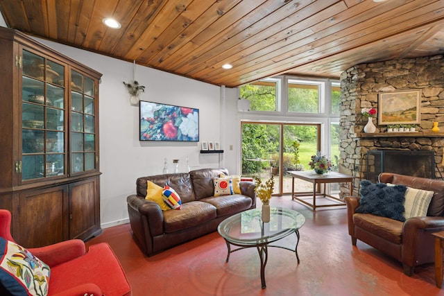 7598 Lee Hwy N, Raphine, VA 24472 - living room featuring wood ceiling, recessed lighting, vaulted ceiling, a fireplace, and wood finished floors