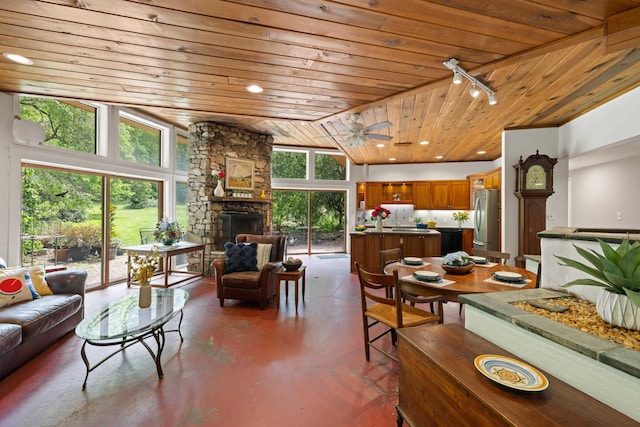 7598 Lee Hwy N, Raphine, VA 24472 - living room with wooden ceiling, finished concrete floors, track lighting, vaulted ceiling, and a stone fireplace