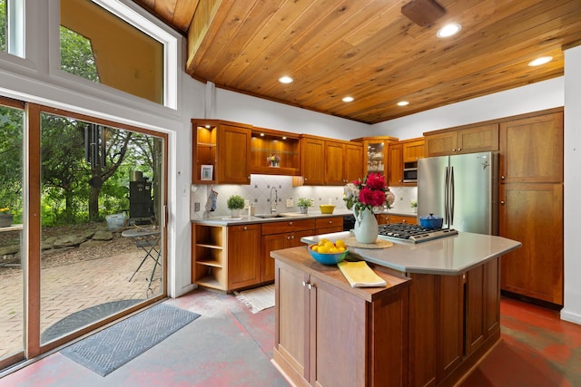 7598 Lee Hwy N, Raphine, VA 24472 - kitchen featuring open shelves, appliances with stainless steel finishes, wooden ceiling, light countertops, and brown cabinetry