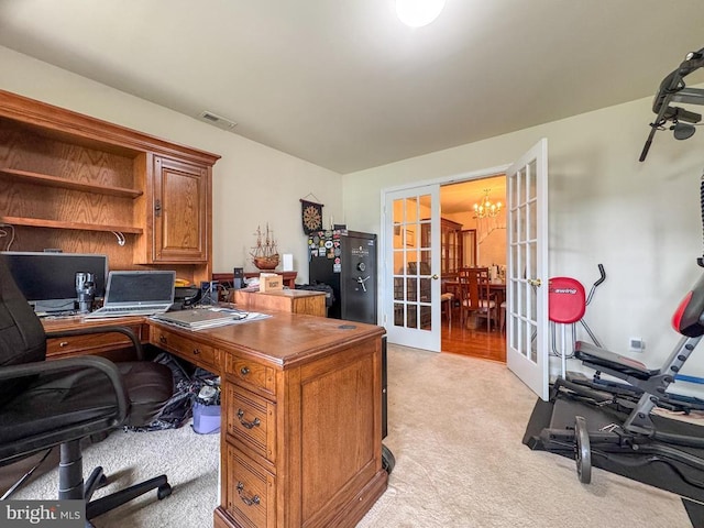 108 Apple Orchard Rd, Louisa, VA 23093 - home office with light carpet, french doors, and a chandelier