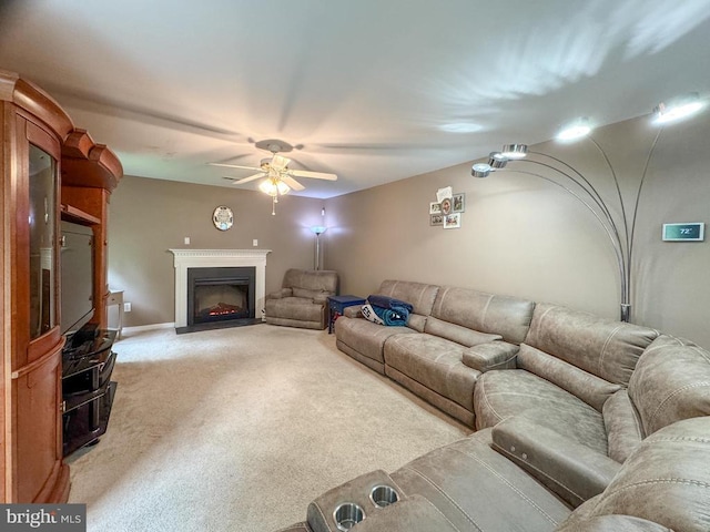 108 Apple Orchard Rd, Louisa, VA 23093 - living room with light carpet, ceiling fan, and a fireplace with flush hearth