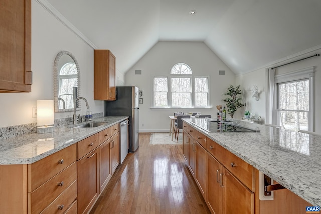 3595 Jumpers Ridge Rd, Keswick, VA 22947 - kitchen featuring wood finished floors, brown cabinets, a sink, light stone countertops, and appliances with stainless steel finishes