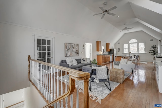 3595 Jumpers Ridge Rd, Keswick, VA 22947 - living area with light wood-type flooring, lofted ceiling, and ceiling fan