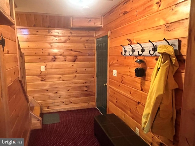 26536 Pennfields Dr, Orange, VA 22960 - mudroom with wooden walls and dark colored carpet