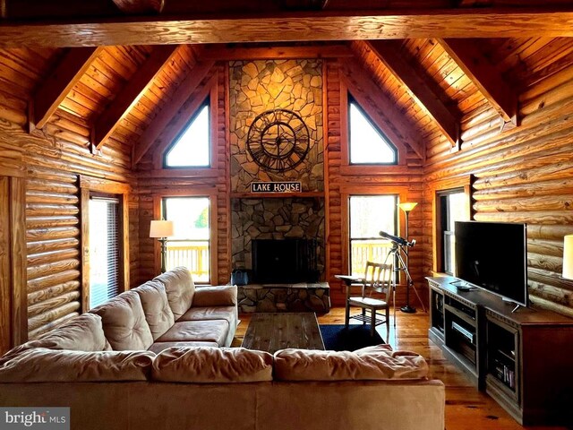26536 Pennfields Dr, Orange, VA 22960 - living room featuring wooden ceiling, high vaulted ceiling, beam ceiling, hardwood / wood-style flooring, and a stone fireplace