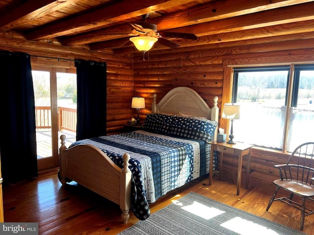 26536 Pennfields Dr, Orange, VA 22960 - bedroom with access to outside, hardwood / wood-style floors, log walls, and beam ceiling