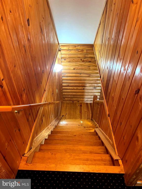 26536 Pennfields Dr, Orange, VA 22960 - staircase with wood-type flooring and rustic walls