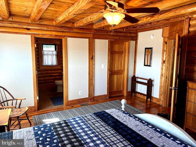 26536 Pennfields Dr, Orange, VA 22960 - bedroom featuring wood finished floors, beamed ceiling, wooden ceiling, ensuite bathroom, and rustic walls
