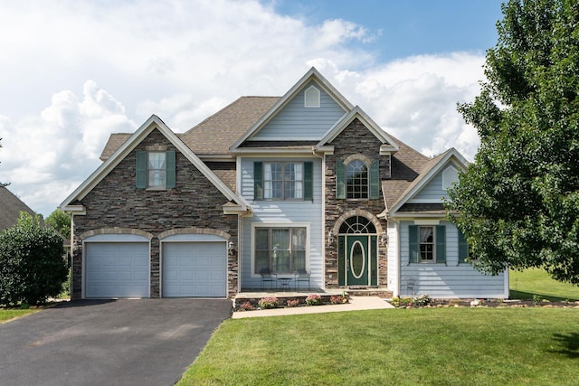 31 Hampton Dr, Stuarts Draft, VA 24477 - view of front of house with stone siding, asphalt driveway, a front lawn, an attached garage, and roof with shingles