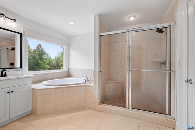 1460 Brentwood Way, Earlysville, VA 22936 - full bathroom with vanity, a garden tub, a shower stall, tile patterned floors, and recessed lighting