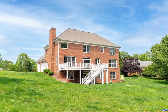1460 Brentwood Way, Earlysville, VA 22936 - back of house with a chimney, brick siding, stairs, a deck, and a lawn