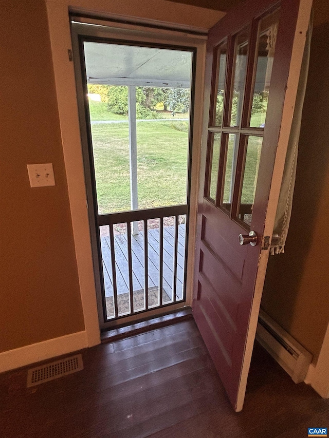 1863 River Rd, Faber, VA 22938 - doorway with baseboard heating and dark wood finished floors