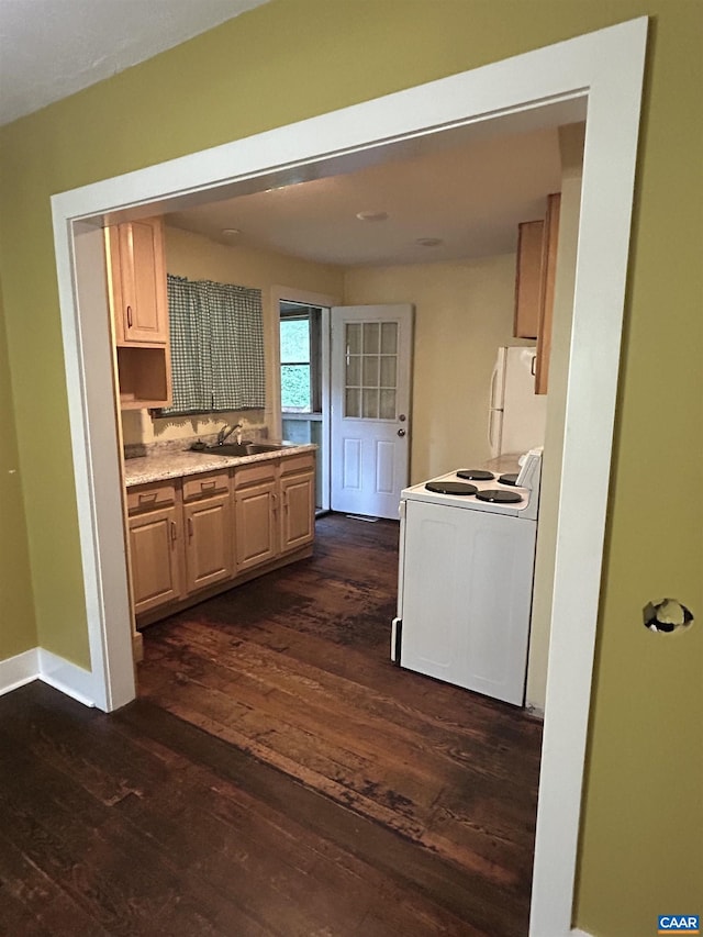 1863 River Rd, Faber, VA 22938 - kitchen with white appliances, dark wood-type flooring, and light countertops