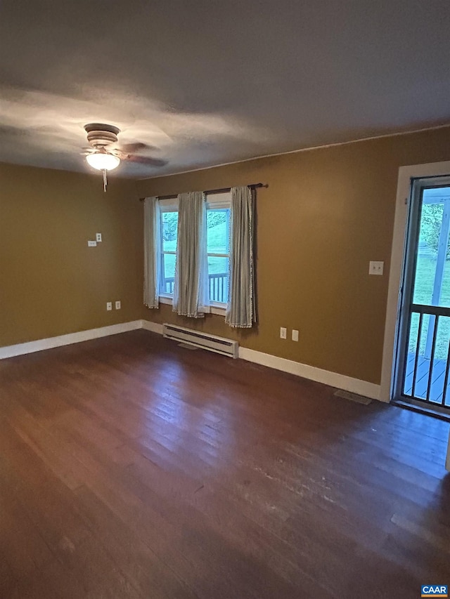 1863 River Rd, Faber, VA 22938 - unfurnished room featuring a baseboard heating unit, dark wood-style floors, and ceiling fan