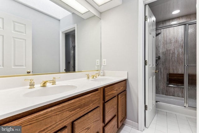 3803 Fallwood Ln, Fredericksburg, VA 22408 - full bathroom with double vanity, tile patterned floors, and enclosed tub / shower combo