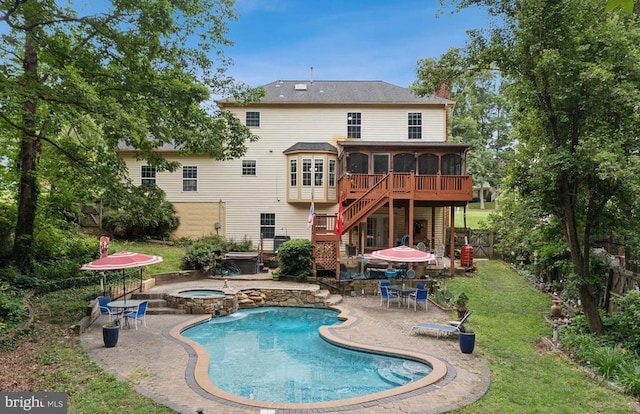 3803 Fallwood Ln, Fredericksburg, VA 22408 - back of property featuring a sunroom, a patio area, a pool with connected hot tub, and stairs