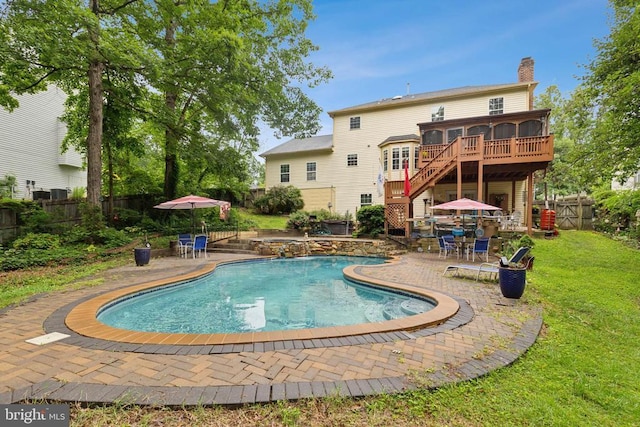 3803 Fallwood Ln, Fredericksburg, VA 22408 - view of swimming pool with stairway, a patio, a wooden deck, an in-ground hot tub, and a sunroom