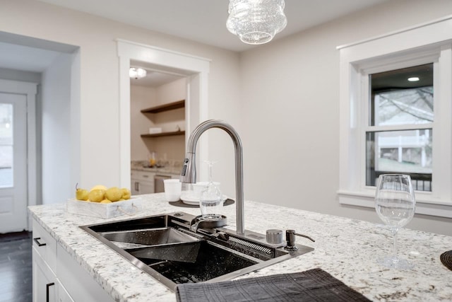 3332 Hill Gap Rd, Bridgewater, VA 22812 - interior details with a sink, light stone counters, and white cabinets