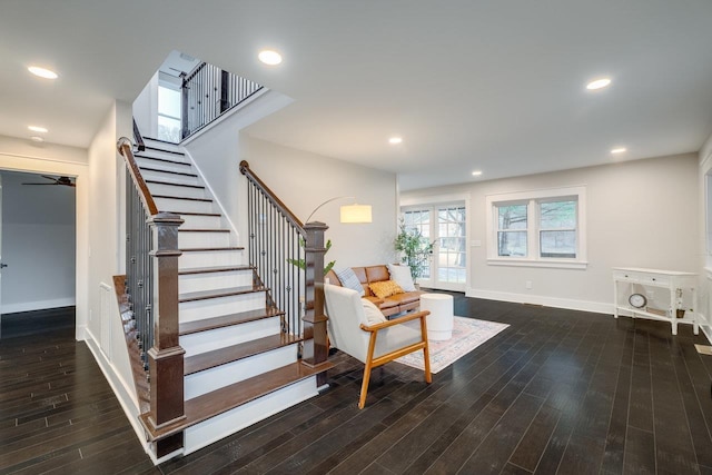 3332 Hill Gap Rd, Bridgewater, VA 22812 - stairs with baseboards, recessed lighting, a ceiling fan, and wood finished floors