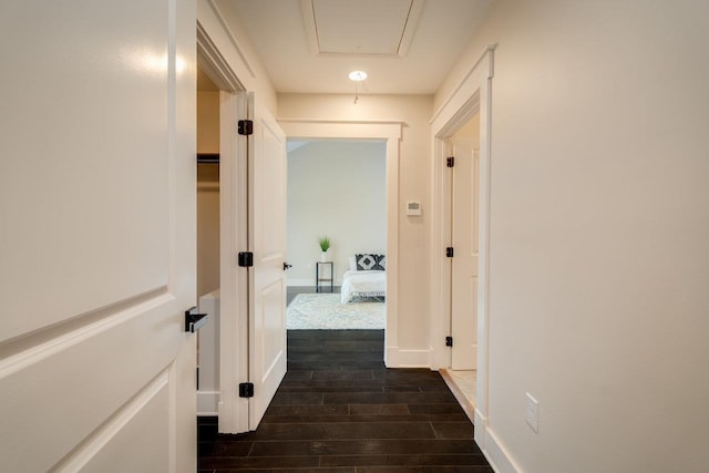 3332 Hill Gap Rd, Bridgewater, VA 22812 - hall featuring baseboards, dark wood-style flooring, and attic access