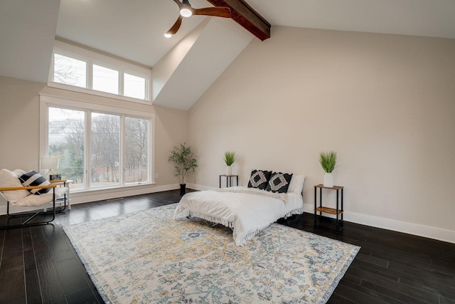3332 Hill Gap Rd, Bridgewater, VA 22812 - bedroom with dark wood finished floors, baseboards, high vaulted ceiling, and beam ceiling