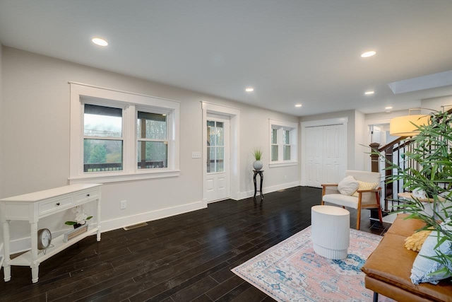 3332 Hill Gap Rd, Bridgewater, VA 22812 - living room featuring wood finished floors, stairs, visible vents, baseboards, and recessed lighting