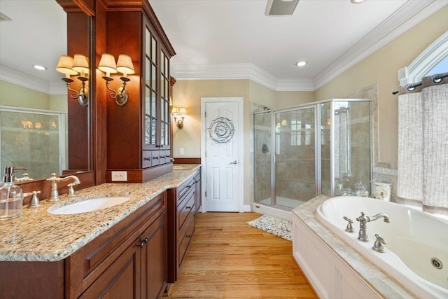 515 Legrande Ave, Waynesboro, VA 22980 - full bathroom featuring vanity, a stall shower, a whirlpool tub, crown molding, and recessed lighting